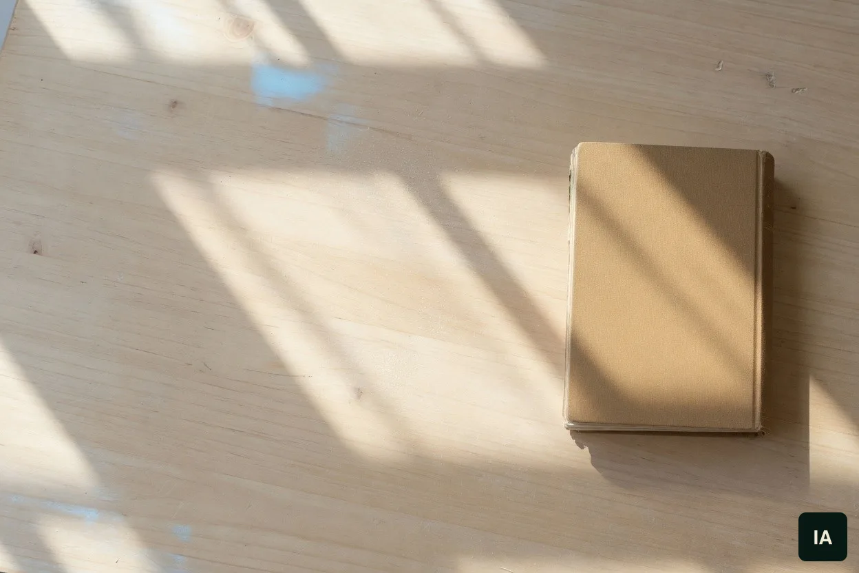 Libro cerrado de tapa lisa sobre una mesa de madera clara, al sol.