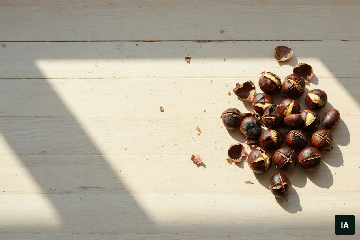 Castanhas assadas sobre uma mesa de madeira clara, ao sol.