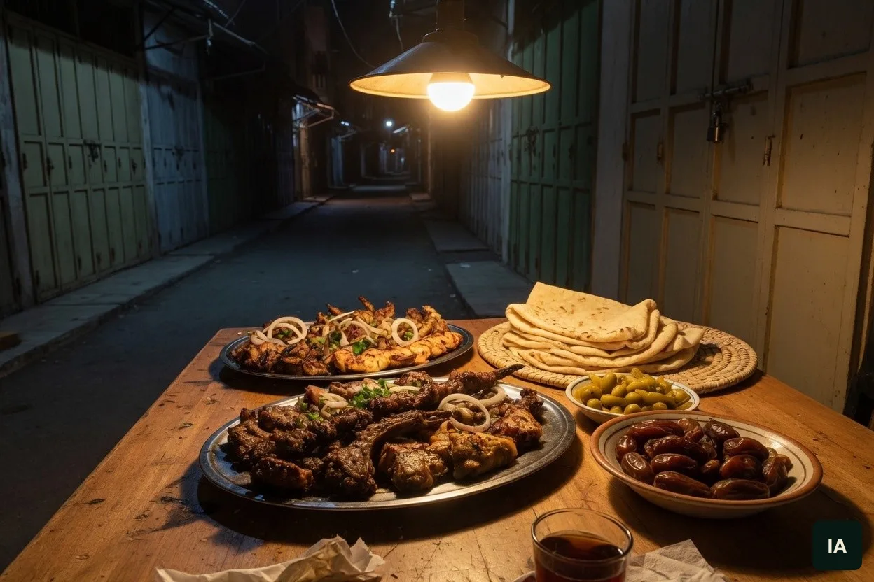 Travessas de carne grelhada, pão sírio, azeitonas, tâmaras e um copo de chá, sob uma lâmpada, numa viela de portas lisas.