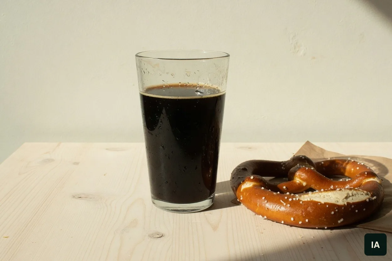 Copo liso de cerveja bem escura e um pretzel salgado, numa mesa de madeira clara ao sol.