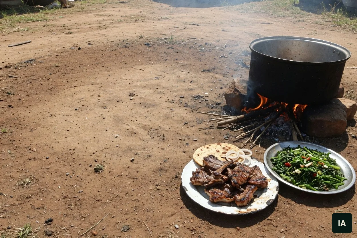 Panela de ferro sobre a lenha, com carne grelhada e verdura ao lado, ao sol.