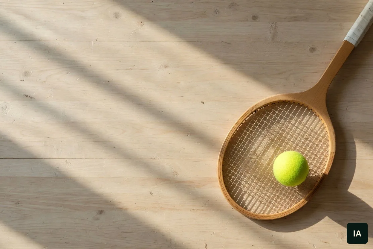 Raquette en bois et une balle jaune sur une table claire, au soleil.