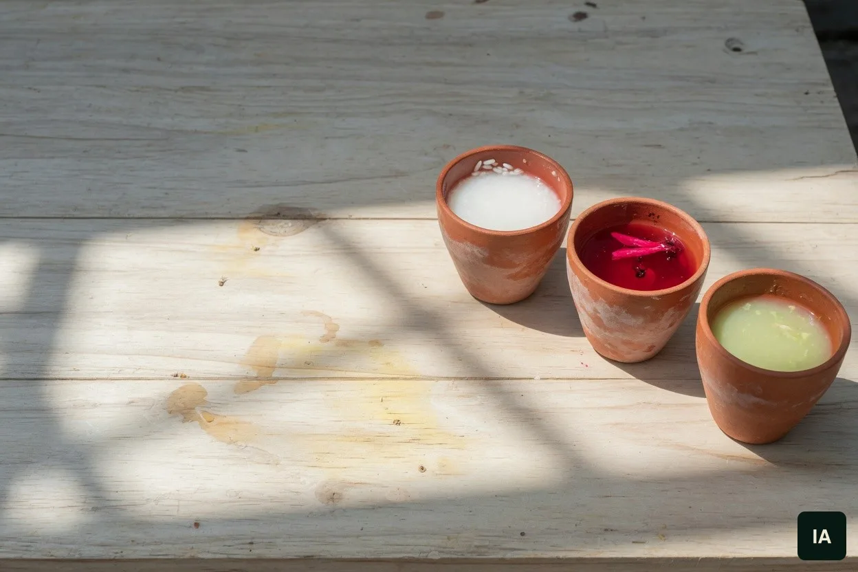 Três copos de barro com bebida branca, vermelha e verde, numa mesa clara ao sol.