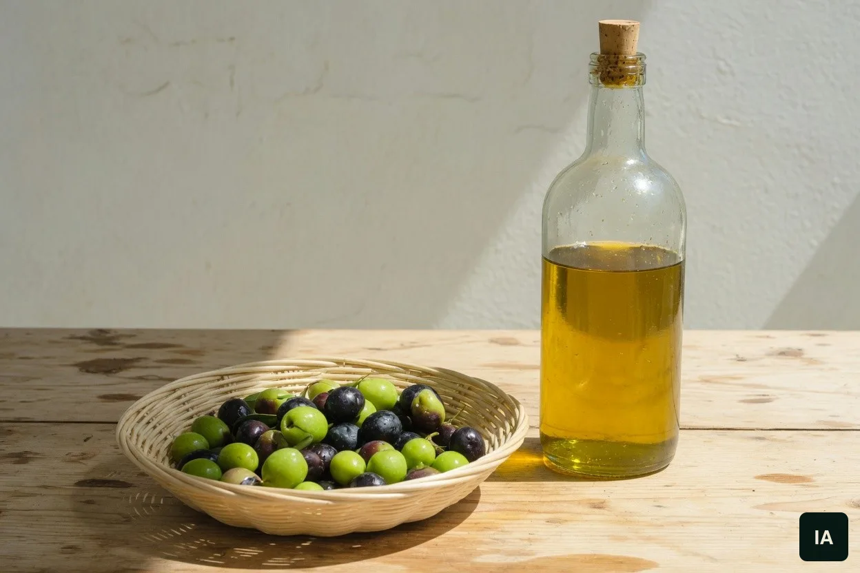 Cesto de azeitonas verdes e pretas e uma garrafa de azeite dourado sem rótulo, numa mesa de madeira ao sol.