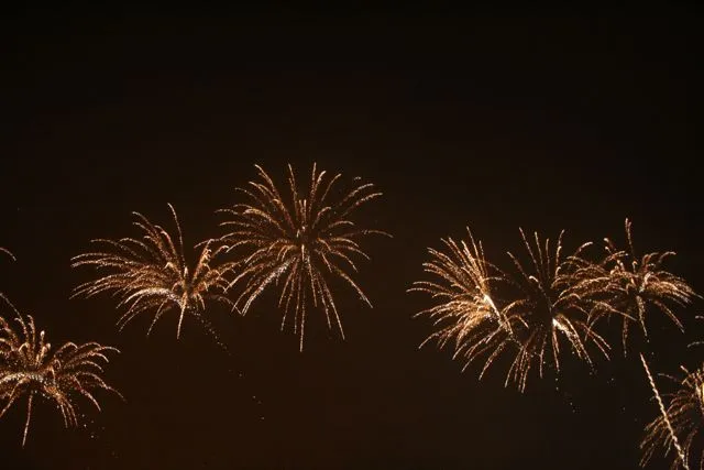 Fogos dourados se abrem no céu da noite.