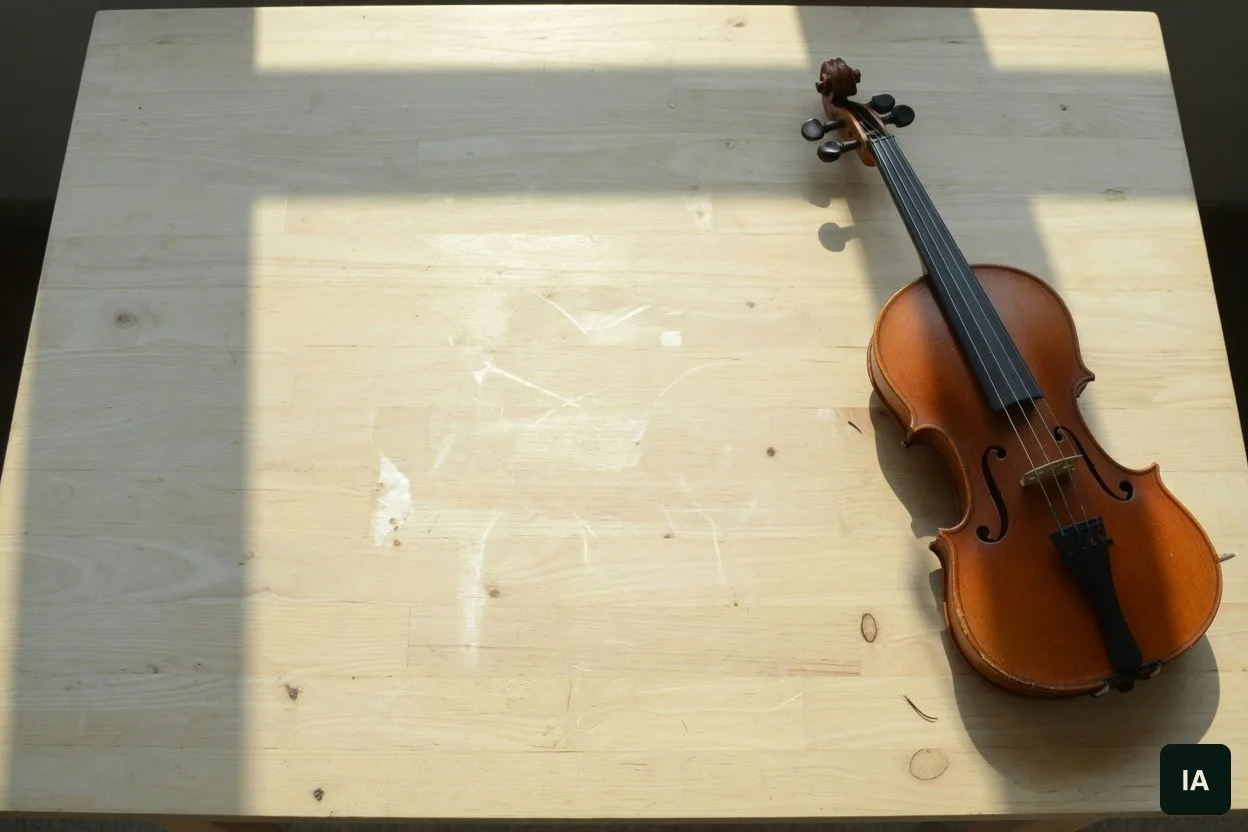A wooden violin on a pale table, in the sun.