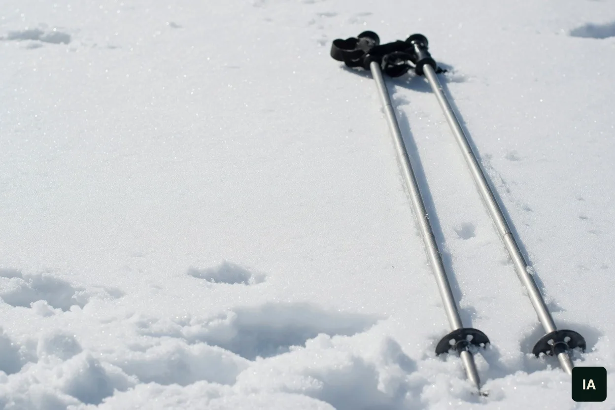Dois bastões de esqui sobre a neve, ao sol.