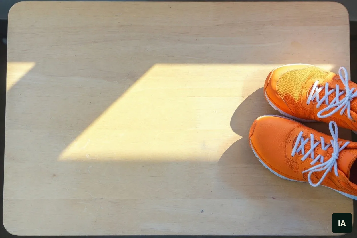 Par de tênis de corrida laranja sobre uma mesa de madeira clara, ao sol.