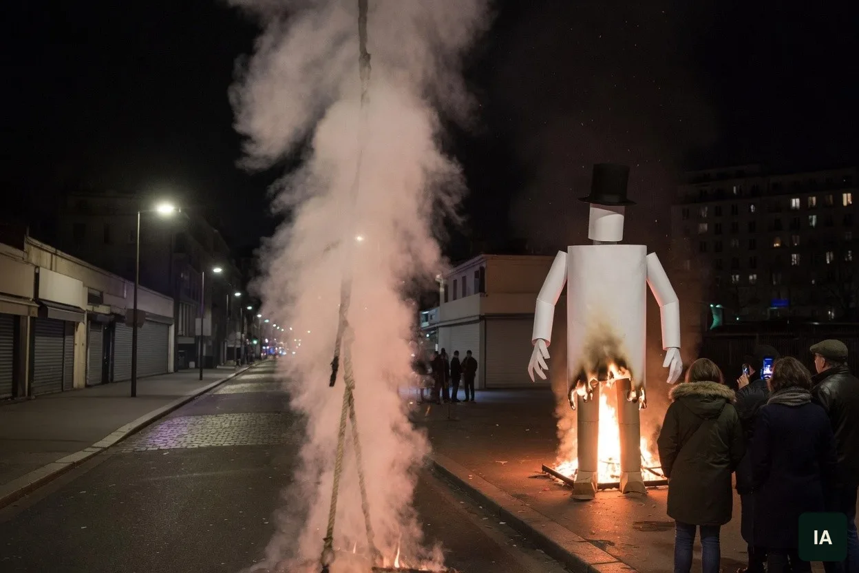 Figura de papel em tamanho adulto, de cartola e sem rosto, queima numa rua à noite, com fumaça clara e gente de costas.
