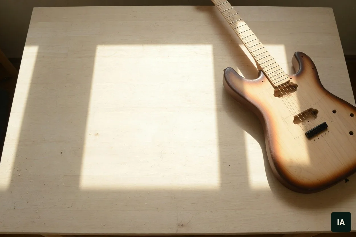 Guitarra elétrica sem marca sobre uma mesa de madeira clara, ao sol.