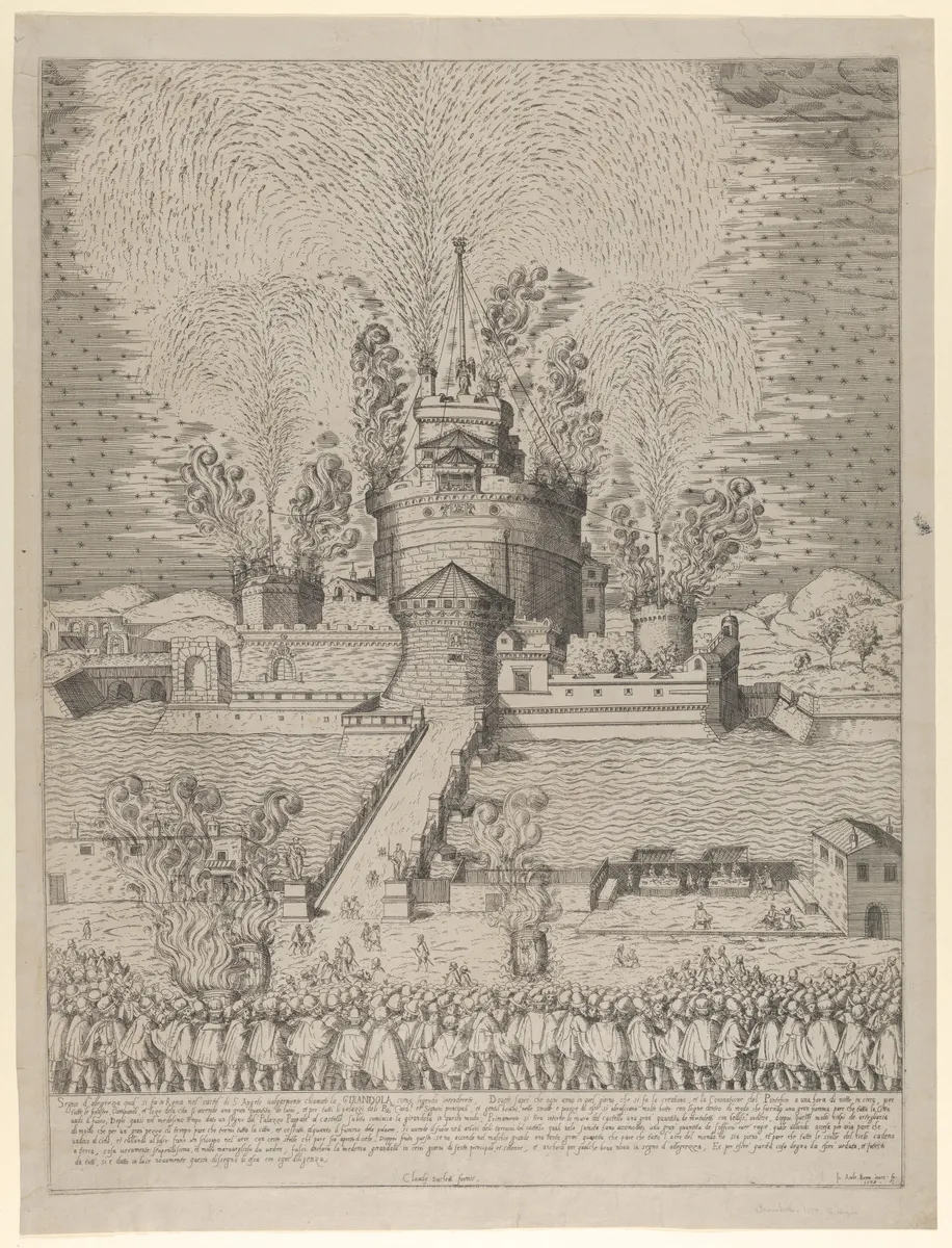 Gravure montrant des feux d’artifice en arcs au-dessus du château Saint-Ange et des spectateurs dessinés de dos près du fleuve, avec une légende dans la marge inférieure.