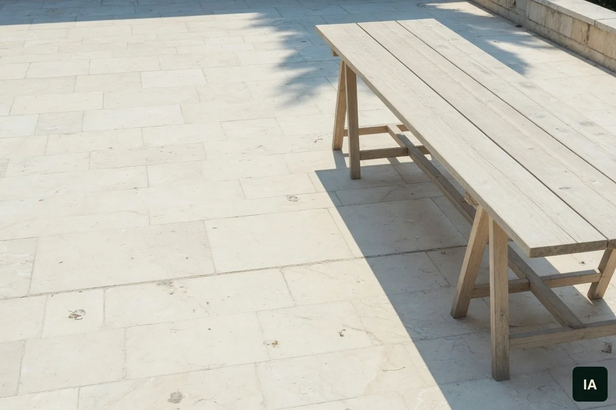 Table en bois vide sur un sol en pierre claire, au soleil.