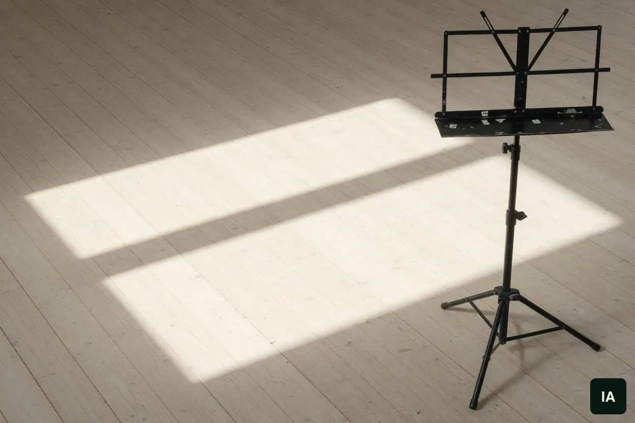 Estante de música vazia sobre um piso de madeira clara, ao sol.