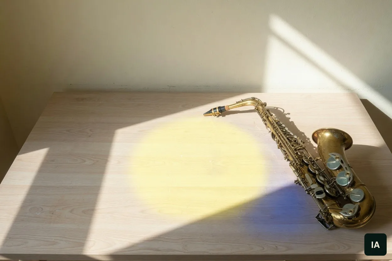 Saxofone de latão sobre uma mesa de madeira clara, ao sol.
