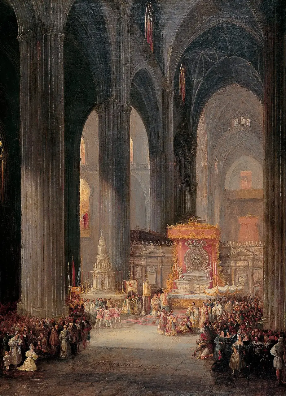 Pintura de Genaro Pérez Villaamil, de 1835, com a procissão do Corpus Christi dentro da catedral de Sevilha: a custódia, um andor sob um palio e a multidão entre as colunas.