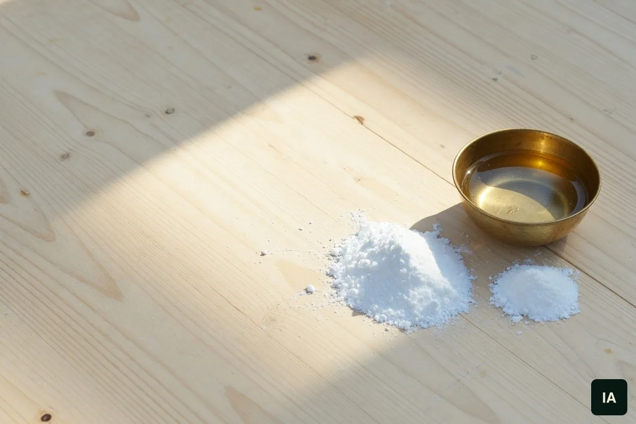 Tigela de água e um monte de pó branco sobre uma mesa de madeira clara, ao sol.