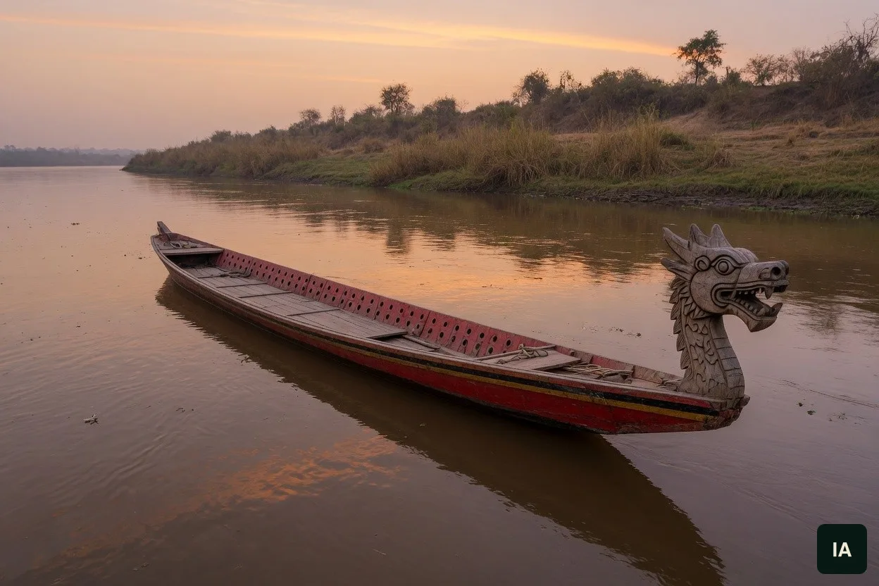 Barco comprido e vazio, com cabeça de dragão esculpida na proa, na água de um rio largo.