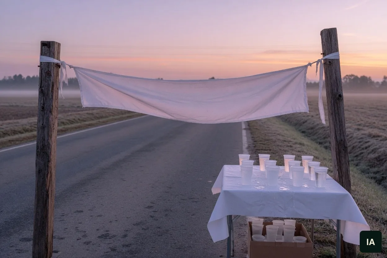 Faixa de pano branco estendida entre dois postes sobre uma estrada ao amanhecer, com uma mesa de copos de água.