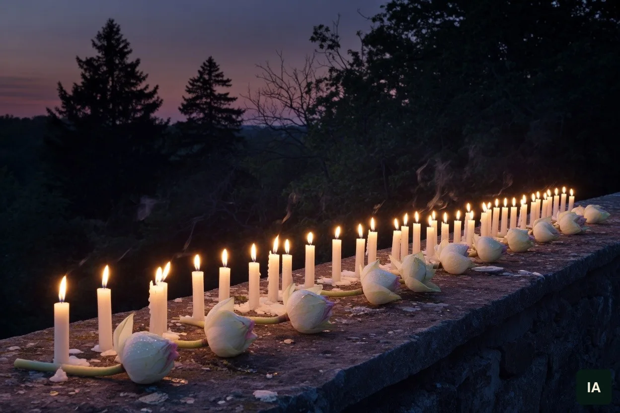 Fileira de velas acesas e flores de lótus brancas sobre um parapeito de pedra, ao anoitecer.