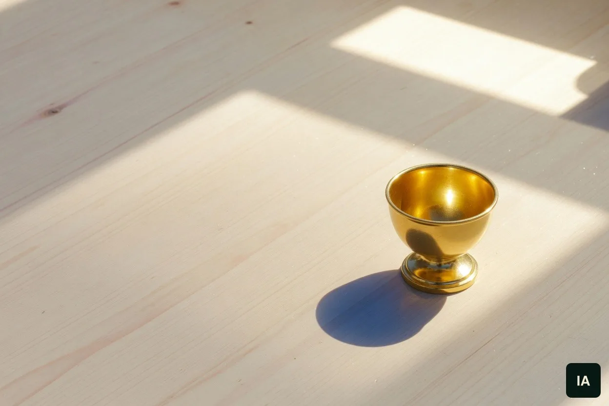 Taça dourada, sem placa, sobre uma mesa de madeira clara, ao sol.