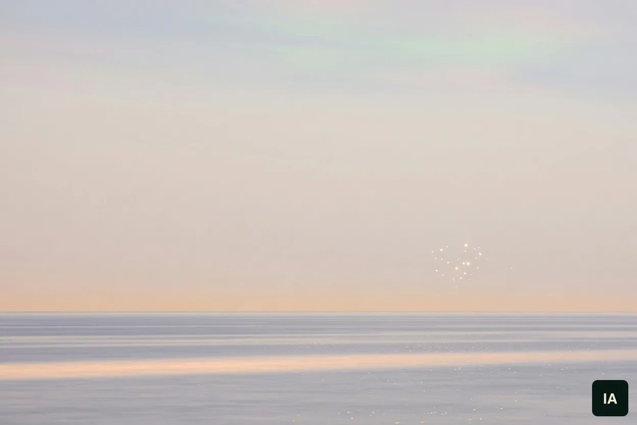 Aglomerado pequeno de estrelas no horizonte, sobre o mar, ao amanhecer.
