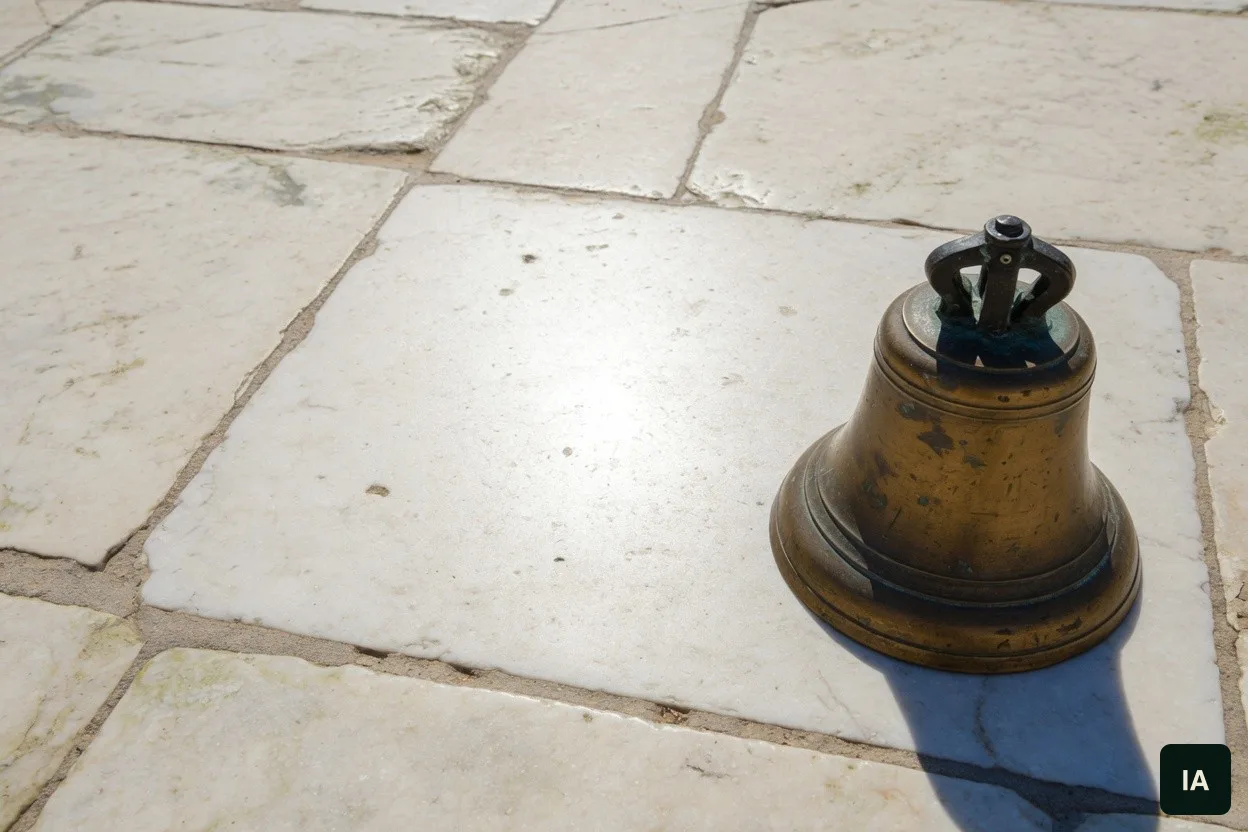 Sino de bronze sobre um piso de pedra clara, ao sol.