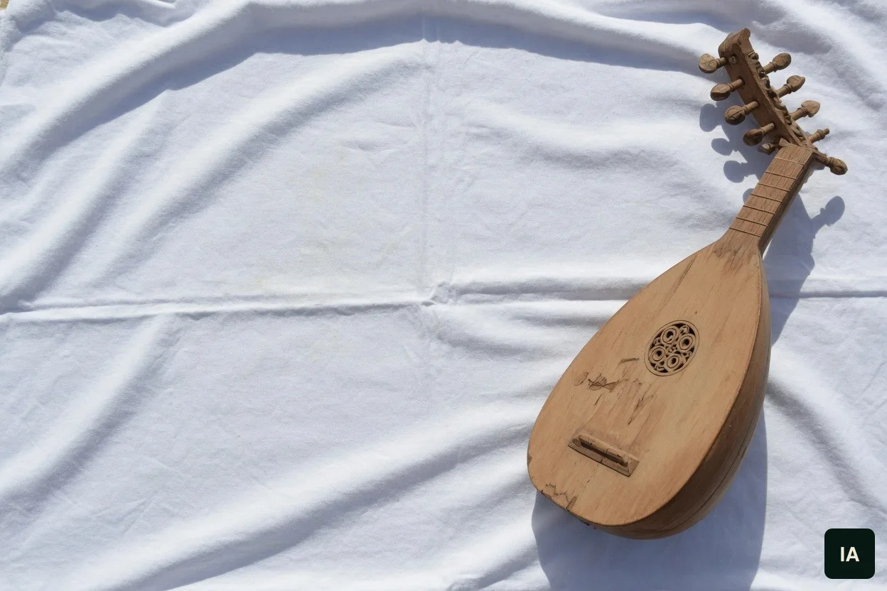 Laúd de madera en forma de pera sobre una tela blanca, al sol.