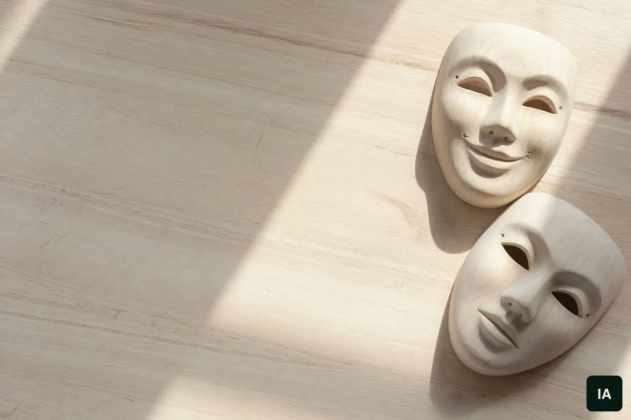 Dos máscaras de madera clara sobre una mesa, al sol.