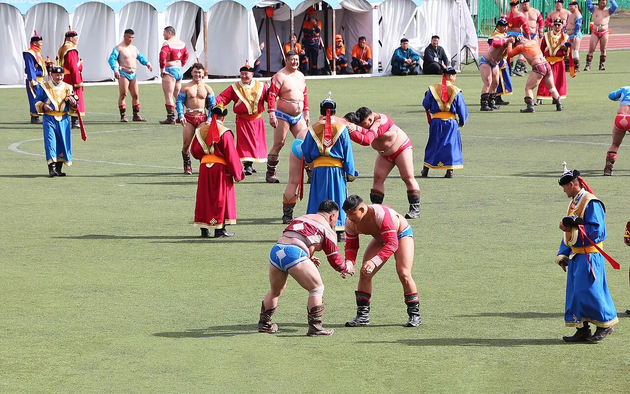 No gramado, dois lutadores se encaram agachados, um de short rosa e outro azul, e juízes de túnica vermelha e azul observam.