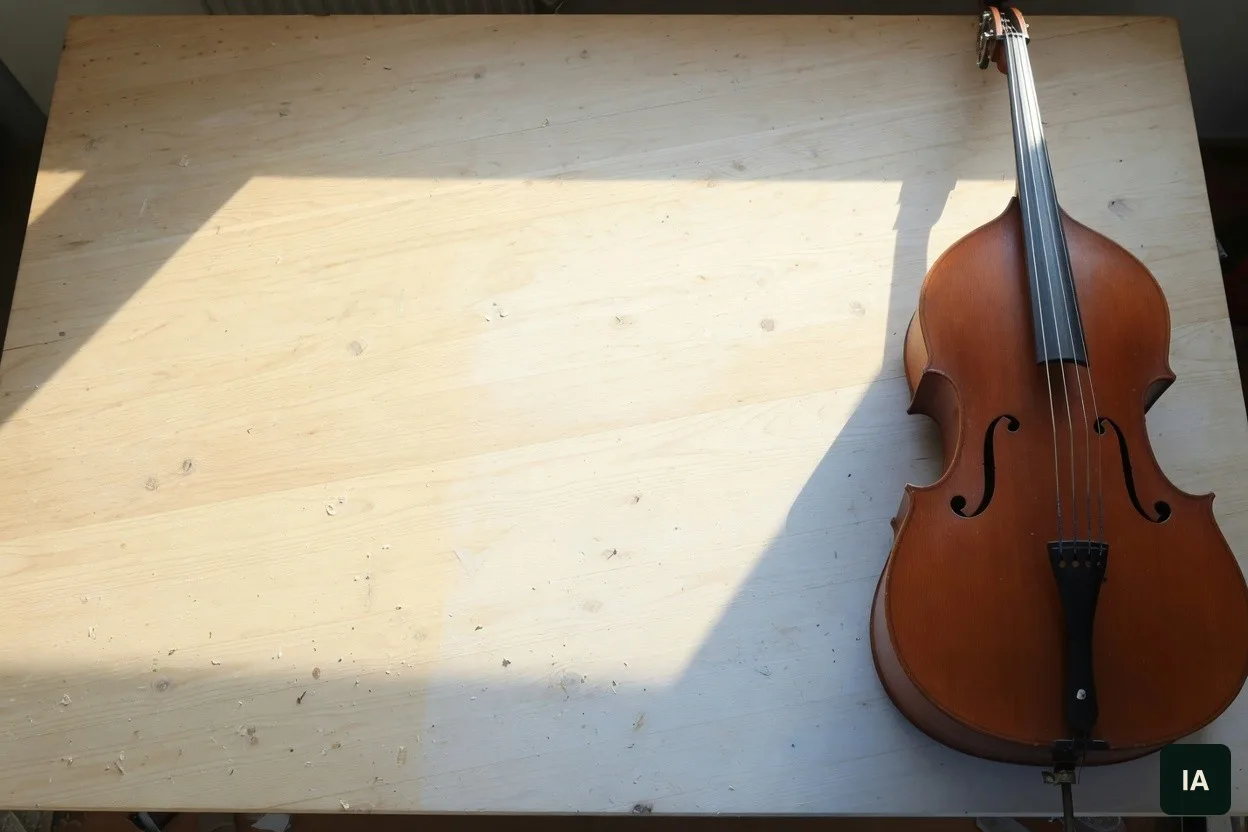 Violoncelo de madeira sobre uma mesa clara, ao sol.