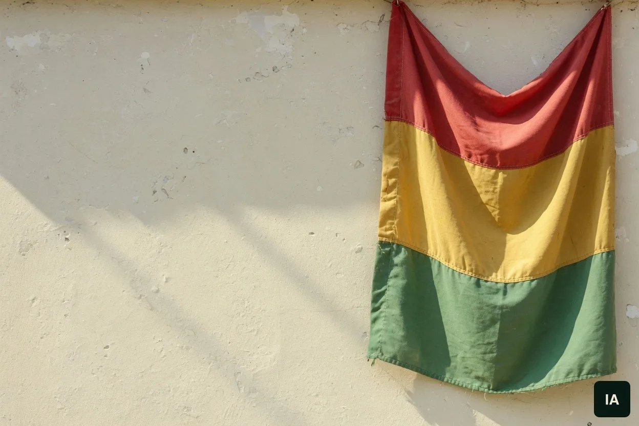 Bandeira em três faixas horizontais, vermelho, amarelo e verde, sobre uma parede clara, ao sol.