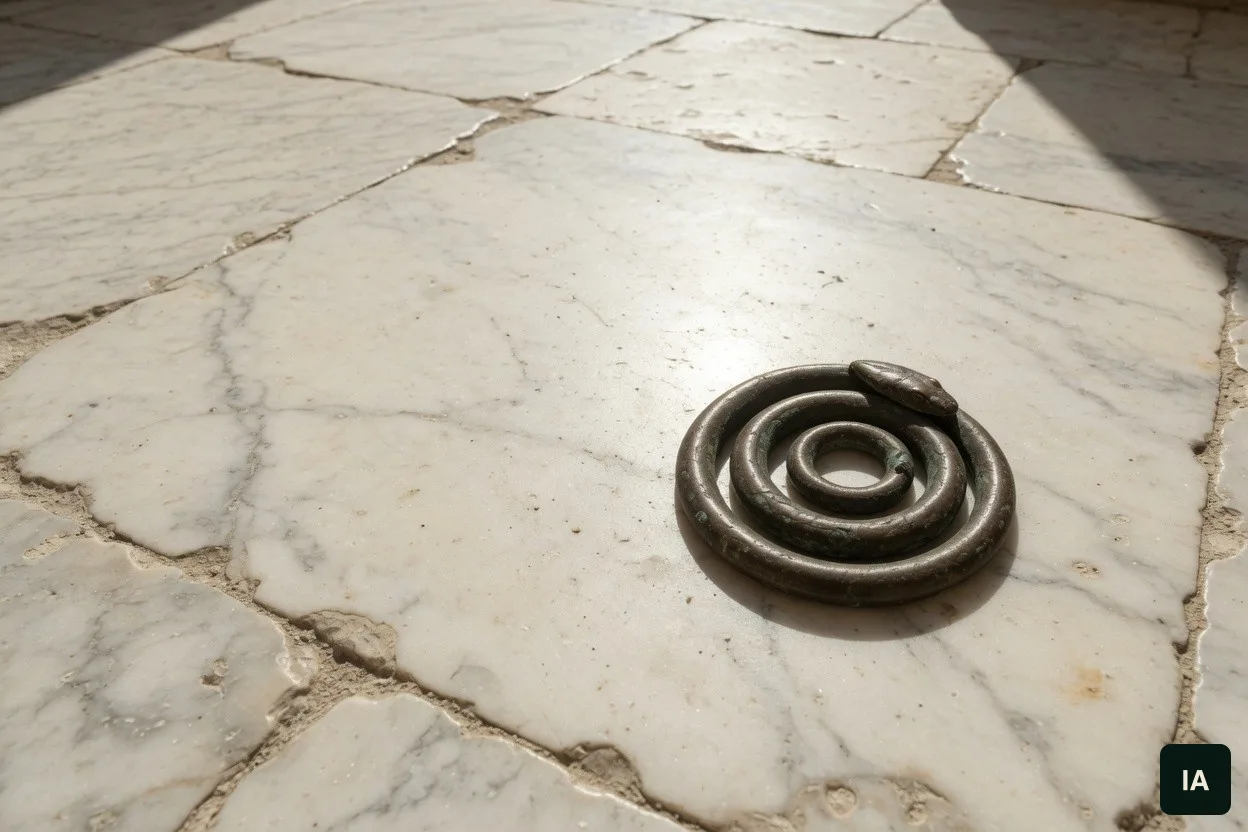 Serpente de bronze em espiral sobre um piso de pedra clara, ao sol.