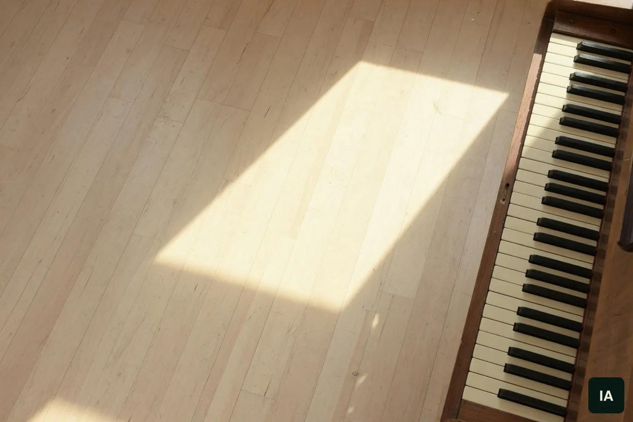 Teclado de piano sobre um piso de madeira clara, ao sol.