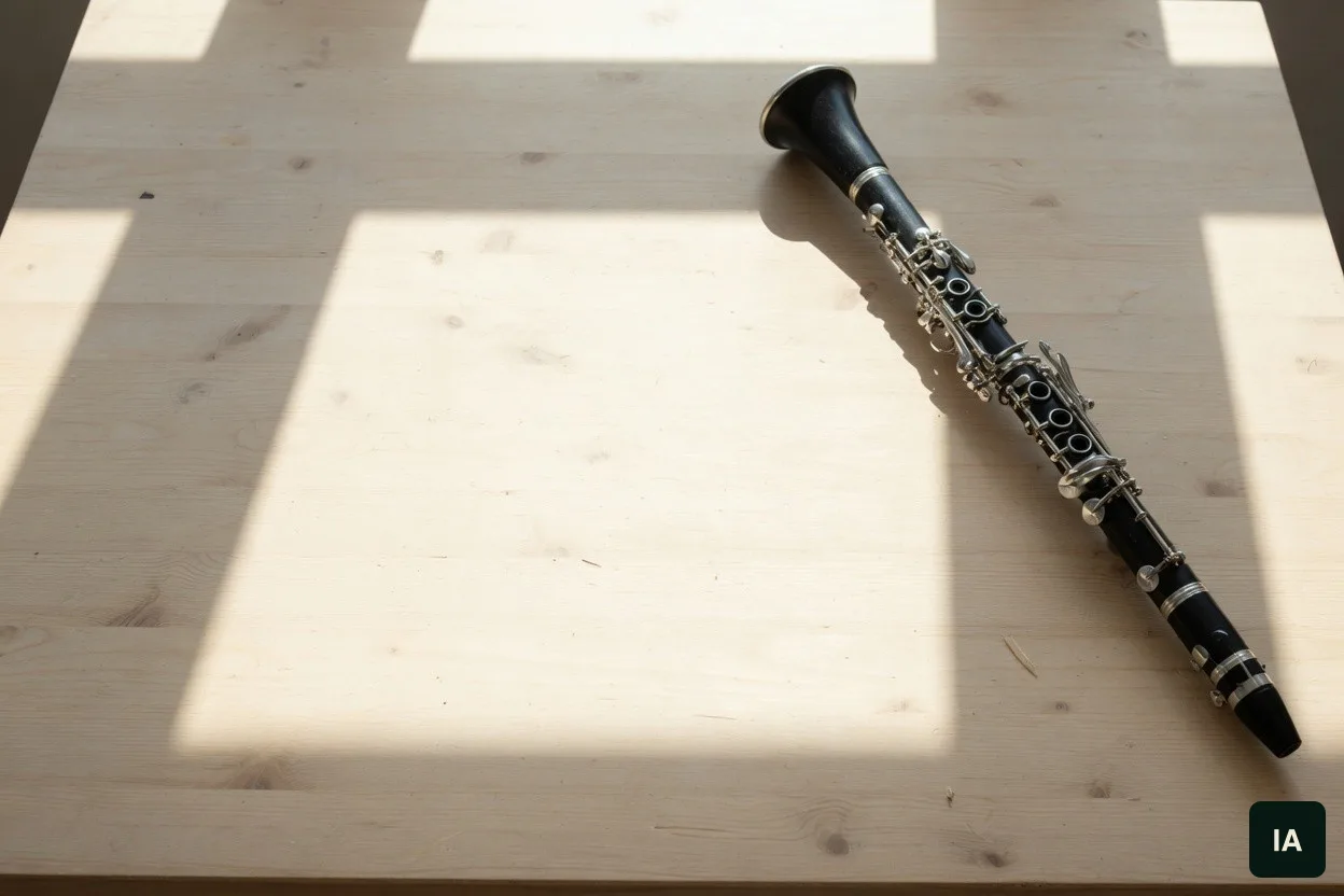 Clarinete preto sobre uma mesa de madeira clara, ao sol.