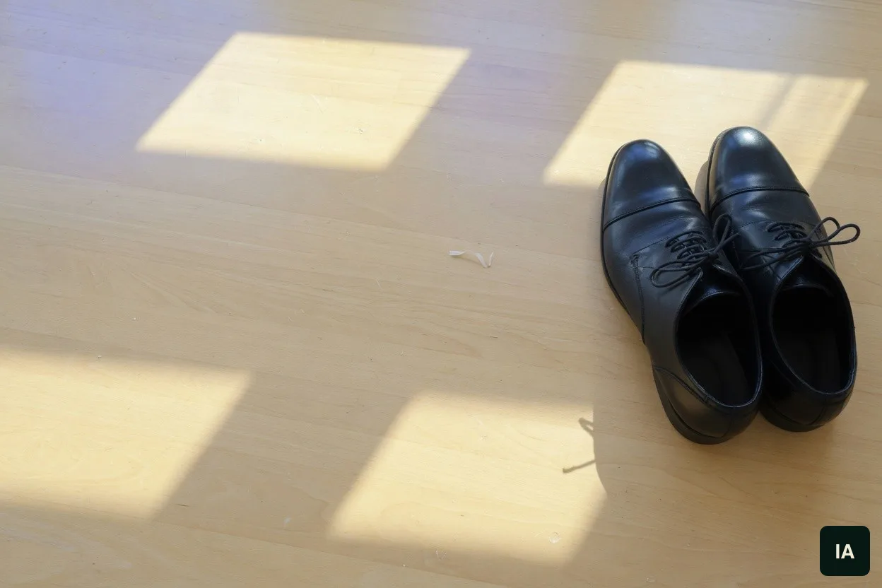 A pair of black leather shoes on a pale wooden floor, in the sun.