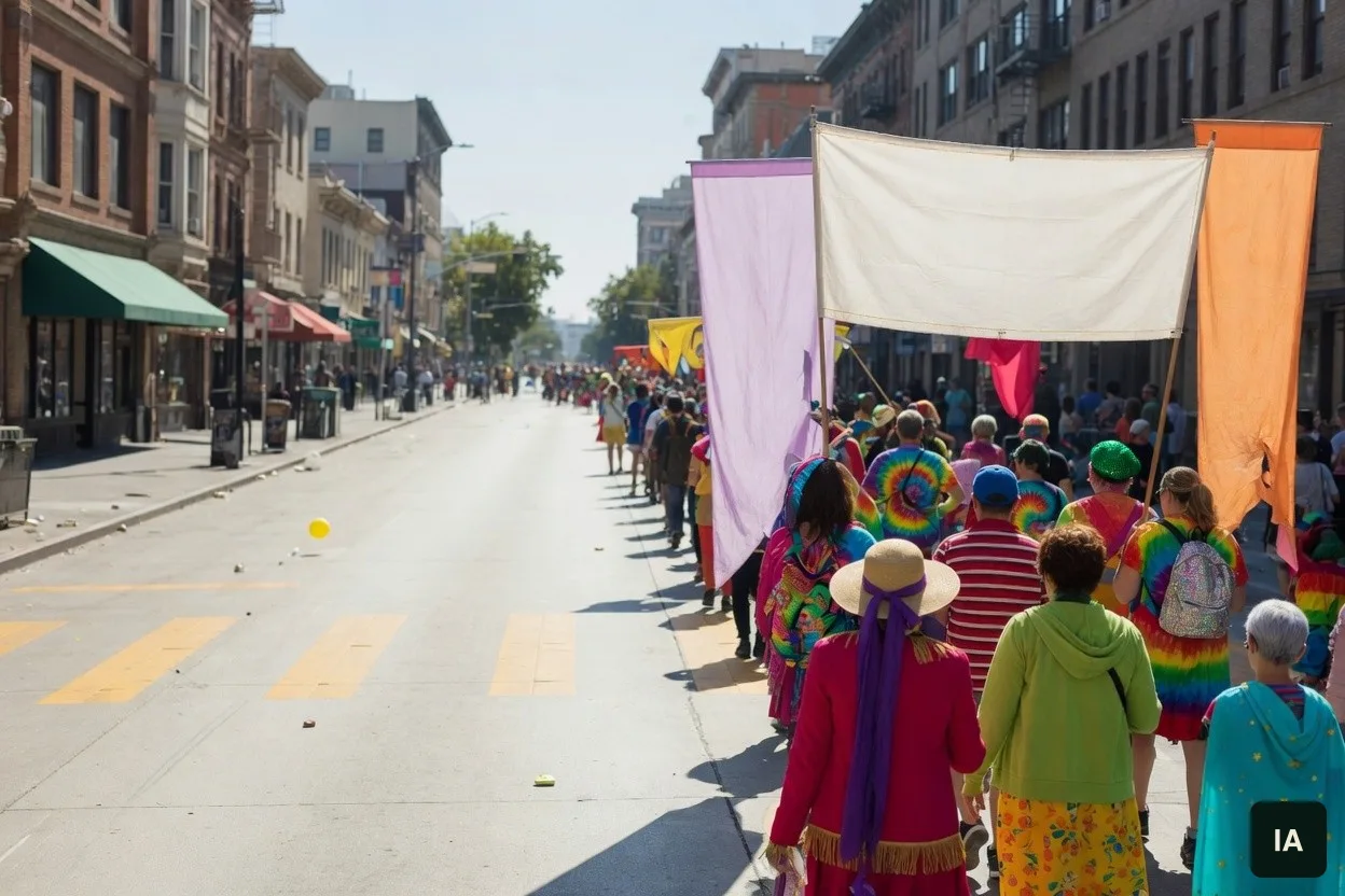 Défilé coloré vu de dos, avec des bannières de tissu vierges, dans une rue large.