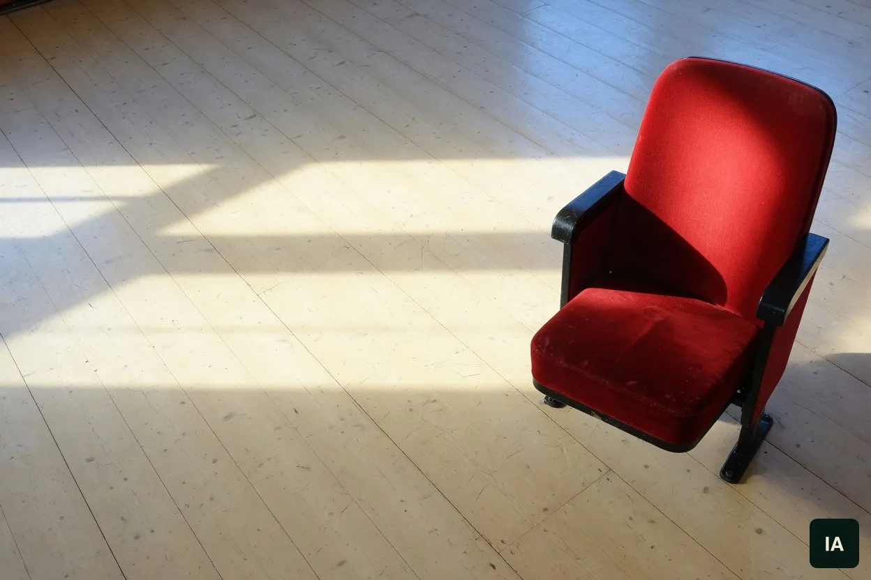 Poltrona de veludo vermelho vazia sobre um piso de madeira clara, ao sol.