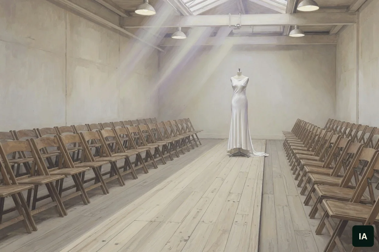 Sala clara com cadeiras de madeira dos dois lados de uma passarela e um vestido de seda marfim no fundo.