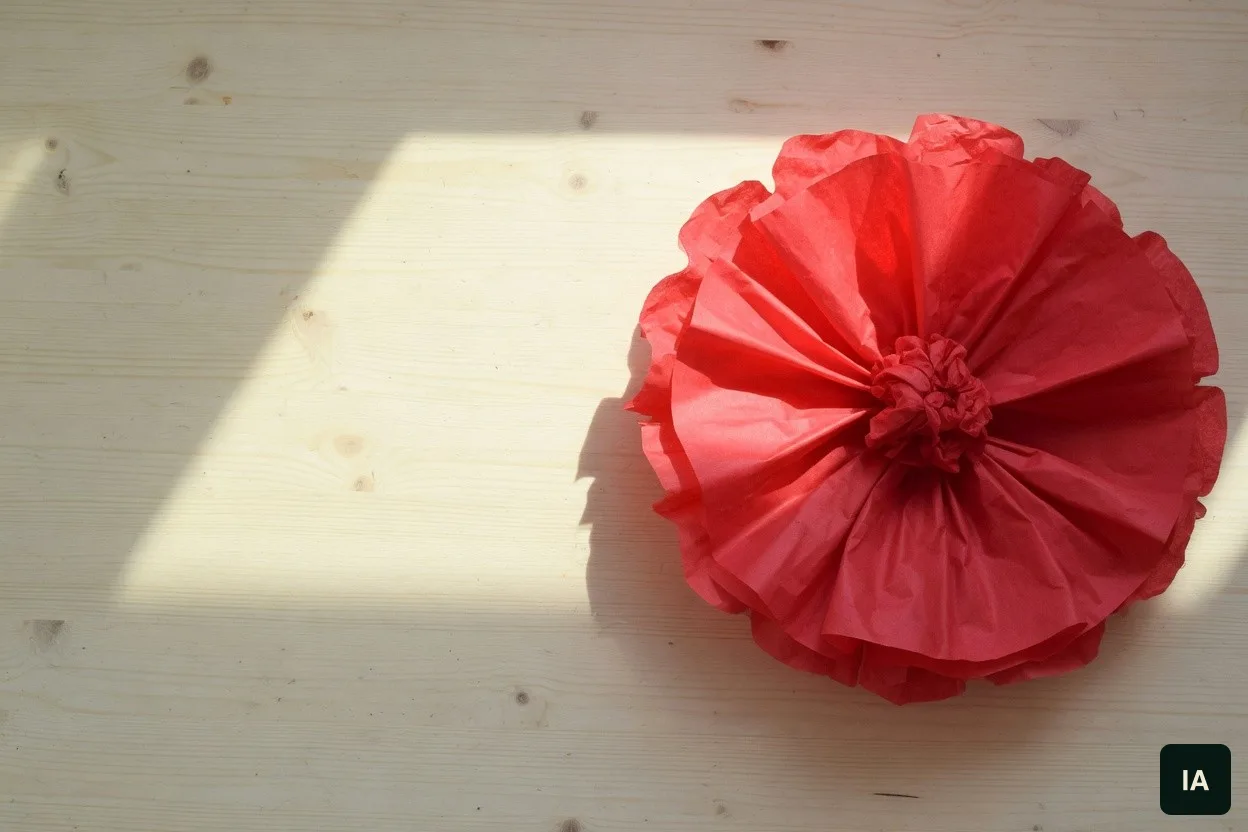 Flor de papel vermelho sobre uma mesa de madeira clara, ao sol.