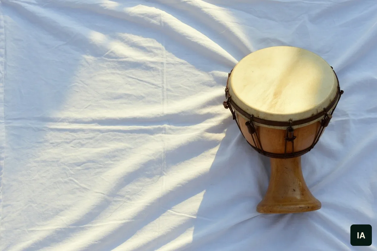 Tambor de madeira com pele clara sobre um pano branco, ao sol.