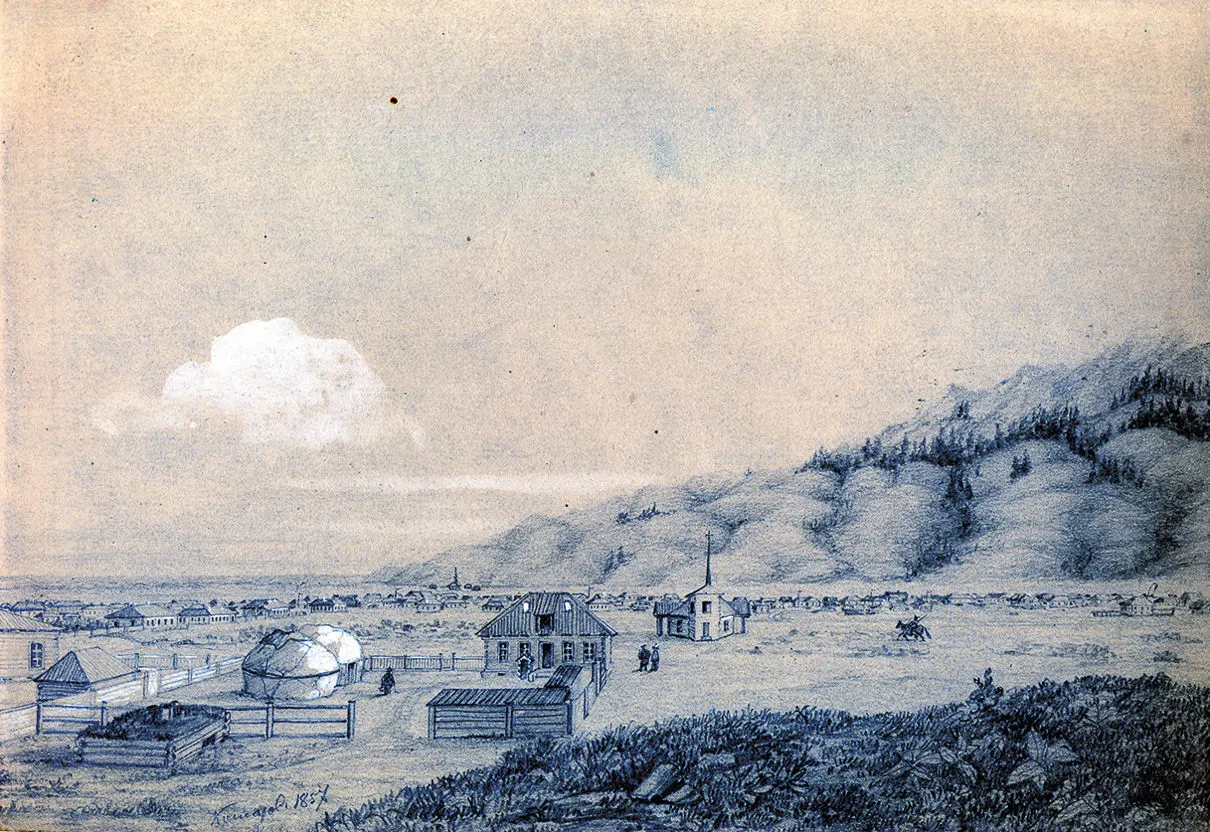 Casas de madeira e uma iurta numa planície, com montanhas ao fundo e figuras pequenas.