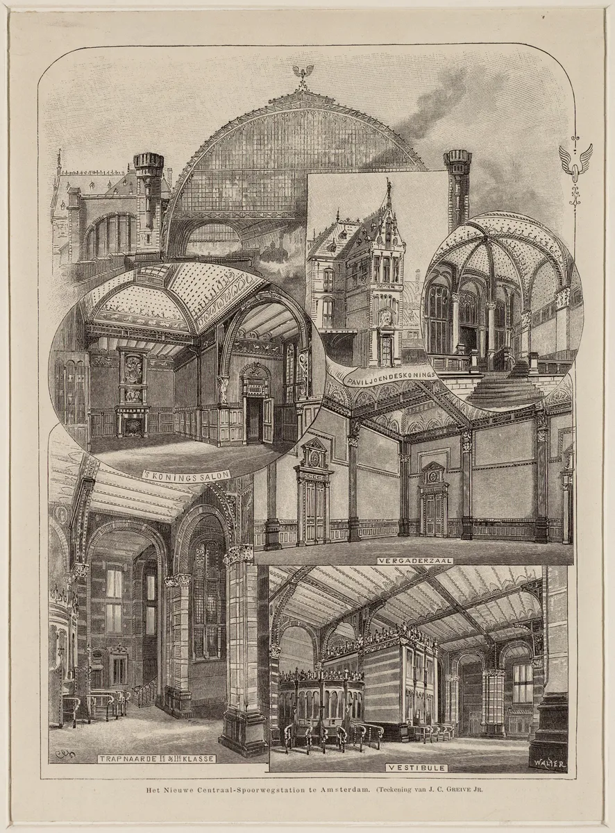 Folha gravada com a fachada da estação Centraal e cinco vistas de salões, pavilhão, vestíbulo e escada.