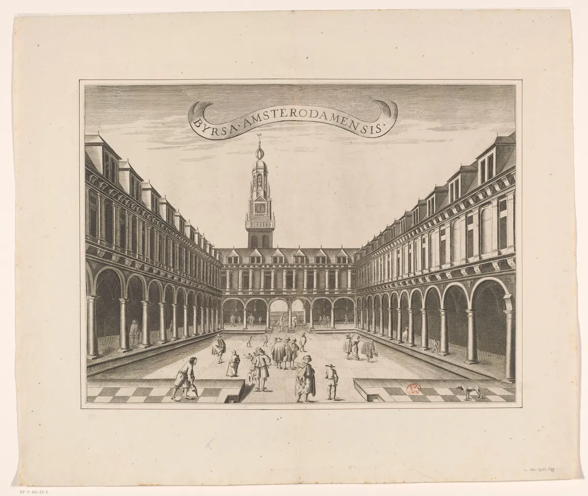 Gravura do pátio retangular da Bolsa de Hendrick de Keyser, cercado de arcadas e ocupado por pequenas figuras.