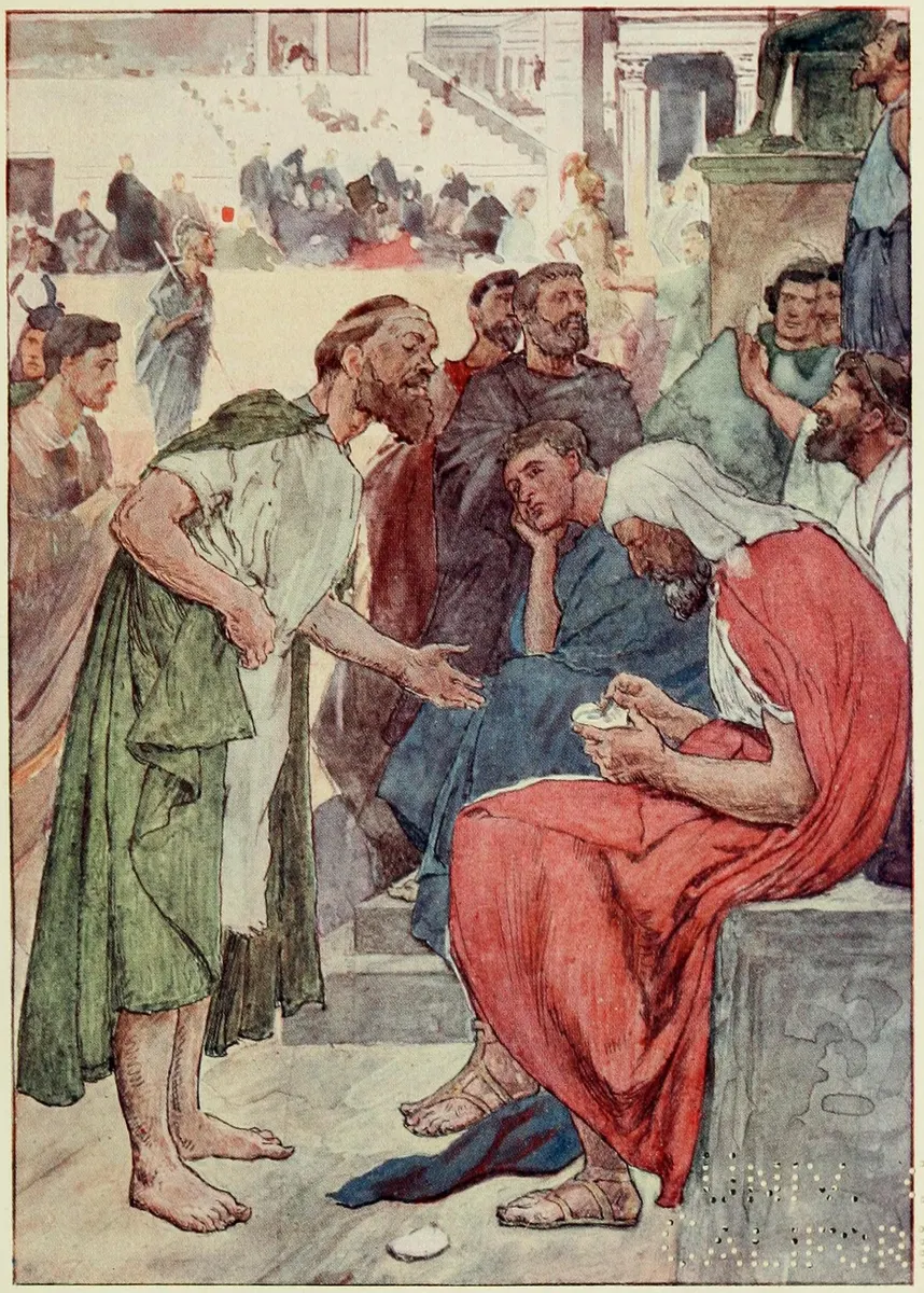 Ilustração em cores: um homem sentado escreve numa pequena peça diante de cidadãos reunidos entre edifícios clássicos.