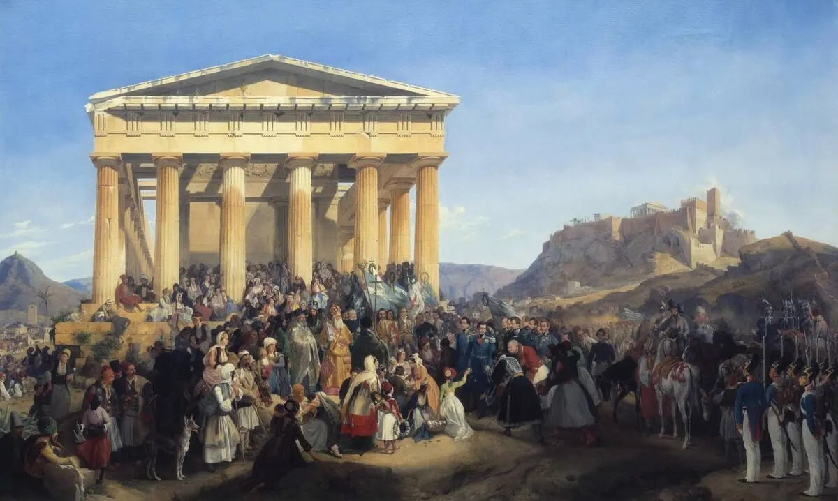 Pintura da recepção de Otto, com grupos cerimoniais diante do templo de Hefesto e a Acrópole ao fundo.