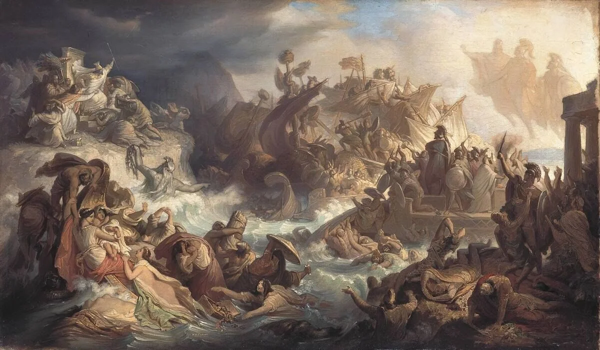 Pintura panorâmica da batalha naval de Salamina, com barcos, combatentes, cavalos e figuras alegóricas; Xerxes observa da encosta à esquerda.