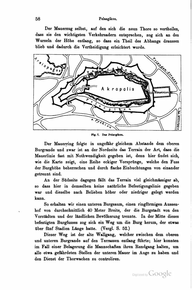 Página 58 de um livro de 1888, com uma planta interpretativa do Pelargikon: contorno da Acrópole, linhas de muralhas e caminhos em preto, entre parágrafos em alemão.