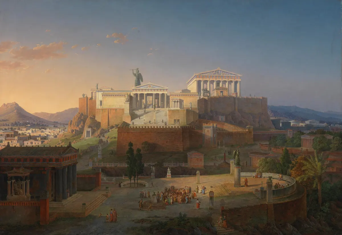 Pintura da Acrópole com templos reconstruídos artisticamente, estátuas e grupos de figuras, vista do Areópago.