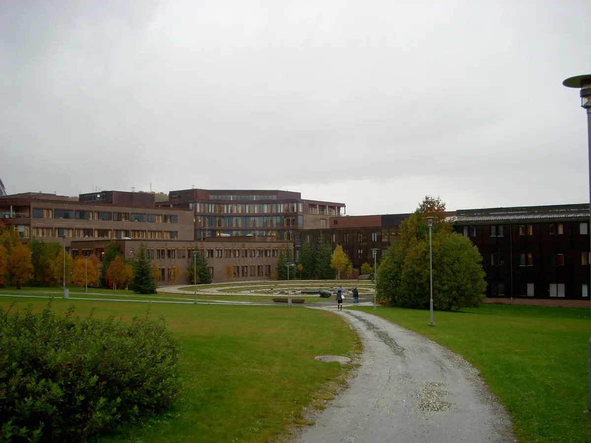 Edifícios do campus, árvores de outono, gramado e caminhos, com duas pequenas figuras ao longe.