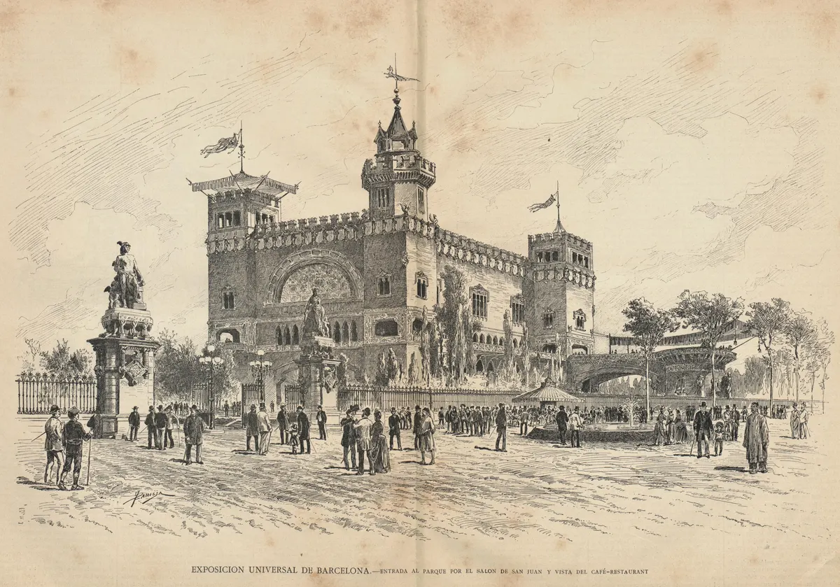 Gravura do café-restaurante da Exposição de Barcelona, com torres, bandeiras, esculturas, visitantes desenhados e legenda inferior.